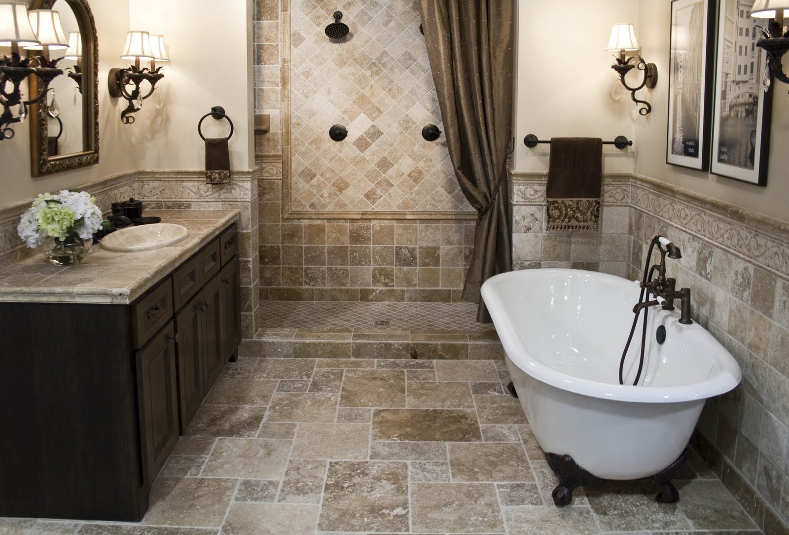 Remodeled bathroom with a tiled walk-in shower and a freestanding soaking tub
